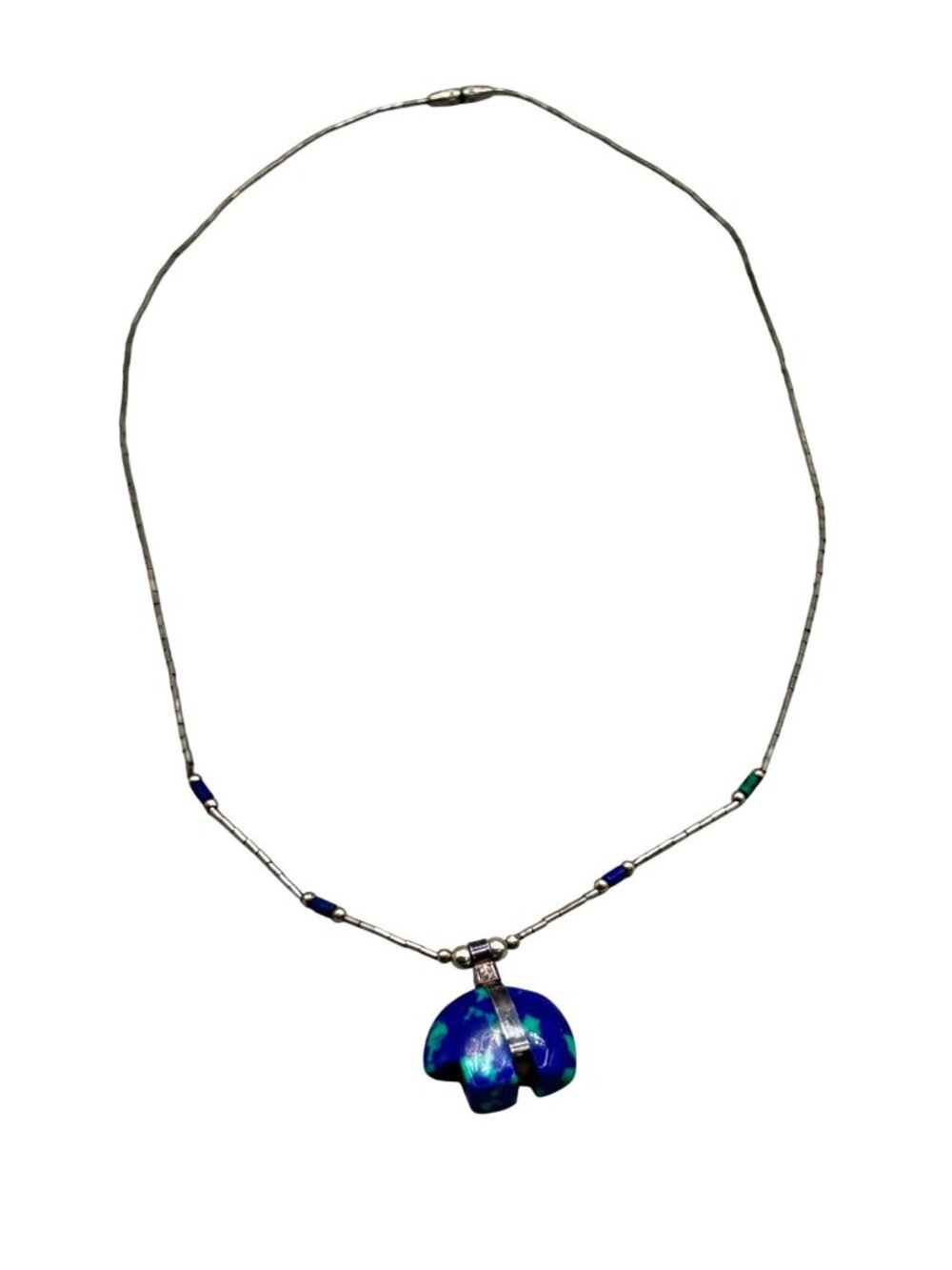 Vintage Liquid Silver Sterling Necklace Azurite Bear Pendant Native American